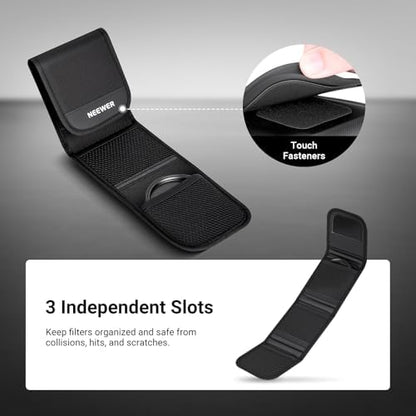 NEEWER 82mm Filter Case, Trifold Foldable Splash Resistant Protective Carry Pouch Storage Bag Accessories, Holds Up to Three 82mm Round Camera Lens Filters, PB15
