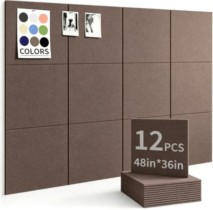 48" x 36" Cork Board Alternative, 12 Pack Felt Bulletin Board Tiles with 30 Adhesive Tabs Wall Push Pin Board for Office Classroom Bedroom Decor
