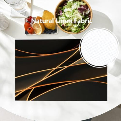 Batmerry Glowing Mocha Mousse Neon Lines Network Minimalism Placemats, Black Background Washable Linen Table Mats for Kitchen Table Double Insulation Decor Dining Set Indoor Outdoor 12X18 in Set of 8