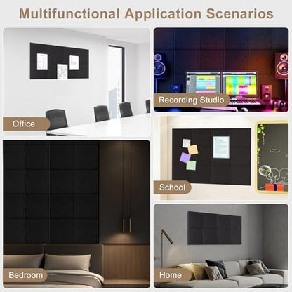 Large Felt Bulletin Board 48" x 36" Self Adhesive Cork Board Alternative 12 Pack Felt Wall Tiles Cork Boards For Walls Thick Slat Wall Panels For Home Office Classroom Decor Pin Board-Black