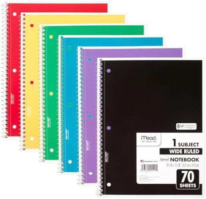 Mead Spiral Notebook, 6 Pack, 1 Subject, Wide Ruled Paper, 7-1/2" x 10-1/2", 70 Sheets per Notebook, Colors Will Vary (930201-ECM25)