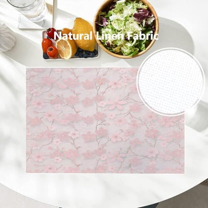 Batmerry Seamless Pink Cherry Blossoms Linen Placemats Set of 6, Vintage Floral On Light Pink Washable Table Mats for Kitchen Table Thickened Heat Insulation Dining Set Indoor Outdoor 12X18 in