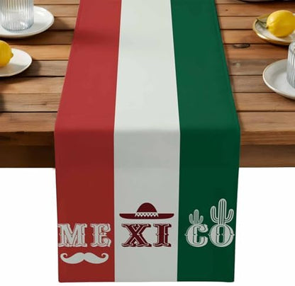 Mexico Flag Table Runner Dresser Scarf 13 x 36 Inch Green Red Color Cactus Hat Striped Modern Table Runners Non-Slip Heat Resistant Kitchen Dining Table Decor for Home Holidays Indoor Outdoor