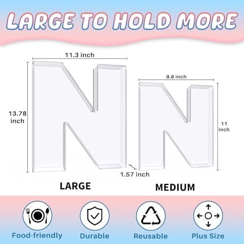 13.8" Extra Large Acrylic Letter Charcuterie Board Box, Reusable Fillable Letter Cake Candy Dish Display Serving Tray for Birthday Anniversary Party Decoration (N)