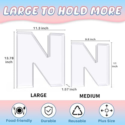 13.8" Extra Large Acrylic Letter Charcuterie Board Box, Reusable Fillable Letter Cake Candy Dish Display Serving Tray for Birthday Anniversary Party Decoration (N)