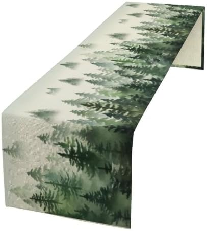Watercolor Green Pine Trees Table Runner, Forest Woodland Tabletop Scarf Home Kitchen Holiday Decor, Seasonal Farmhouse Rustic Dining Decorations Party Supply 13 X 108 Inch