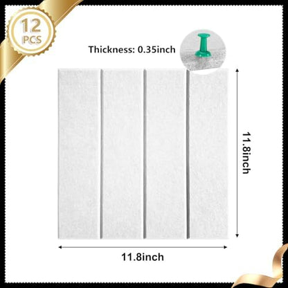 12 Packs White Felt Pin Board, Large 12" Bulletin Board with 30 Push Pins, Felt Board Slat Wall Paneling for Office Home Kitchen, Self-Adhesive Corkboard Tiles for Classroom Message Photos Memos