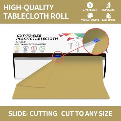 CXPSINC 54 Inch X 100 Feet Plastic Table Cover Roll Disposable Tablecloth with Slide Cutter for All Type/Shape Tables | Party, Banquet, Birthdays, Weddings(Gold, 100 Feet)