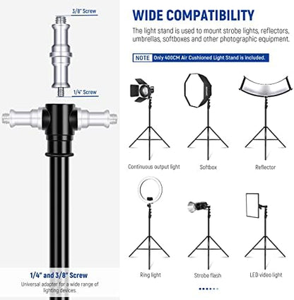 NEEWER 13ft/400cm Air Cushioned Light Stand, Heavy Duty Metal Photography Tripod Stand with 1/4” to 3/8” Reversible Screw Adapter and 3 Way Mounting Interface, Load Capacity: 6.5lb/3kg, ST-400AC
