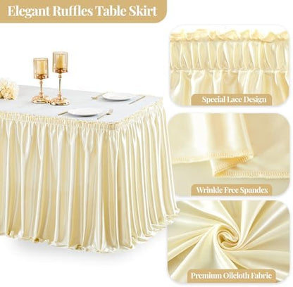 Wish Care 17ft Champagne Satin Long Table Skirt for Rectangle Tables Wrinkle Free Teacher Desk Skirt Glitter Ruffle Table Skirting Cloth for Back to School Classroom Office Birthday Party Table Decor