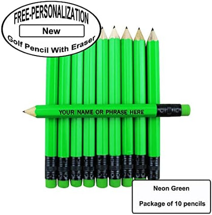 EZPENCILS & GIFTS - Golf Pencils Tipped with Eraser (1/2 a Pencil - Pew Pencils) - Neon Green Colored Barrel - FREE-PERSONALIZATION - 2HB Black Lead - Custom Text - Non-Smear Eraser – Package of 10