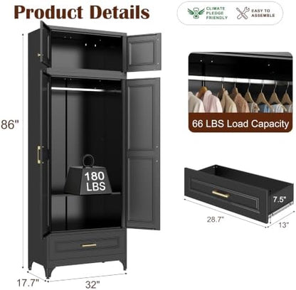 SteeLoong 86”H Metal Wardrobe Cabinet,Armoire Wardrobe Closet with Drawer