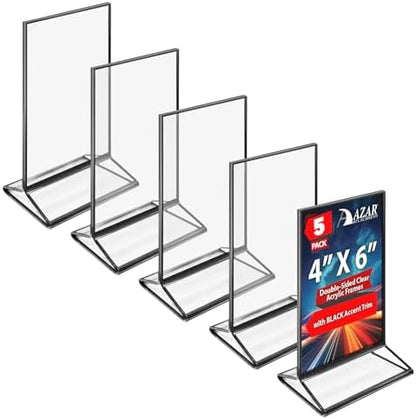 Azar Displays 152792-BLK-5PK Black Trim Double-Sided Clear Acrylic Frames – Elegant Display Frames for Weddings, Events, and Photos | Premium 4X6 Tabletop Sign Holders (5-Pack)