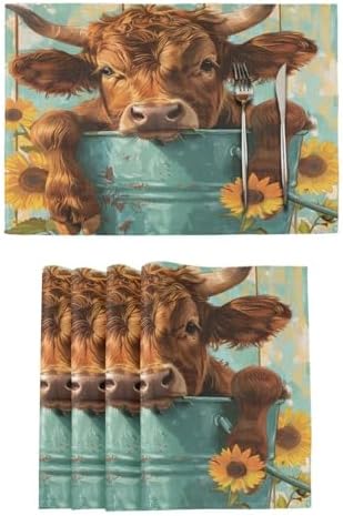 ALAZA Highland Cattle in an Iron Can Set of 4 Placemats Rectangle Table Mat for Dining Table Restaurant Kitchen Home Decor, 12" x 18"