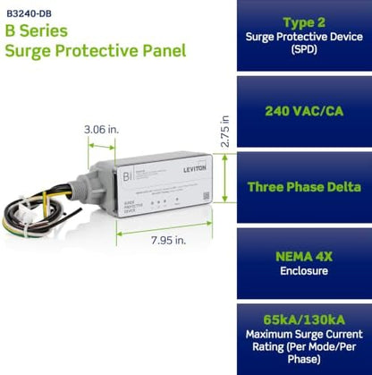 Leviton Type 2 Surge Protective Panel, 240 VAC, Three Phase Delta, 130kA per Phase, B3240-DB