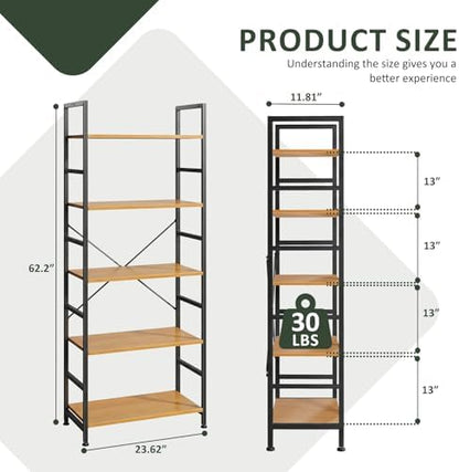 5 Tier Bookshelf, Free Standing Bookcase with Open Storage Shelves
