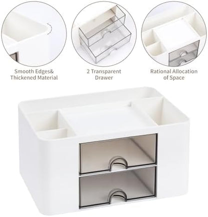 White Desk Organizers and Accessories 12+1Pcs, Office Supplies for Desk, Pen Organizer with 2 Drawers with Stapler,1000 Staples, Phone Holder, Tape Dispenser, Pen Holder, Sticky Note,Clips,Ruler,Etc