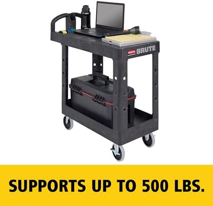Rubbermaid Commercial Products Heavy Duty 2-Shelf Utility/Service Cart, Small, Flat Shelves, Ergonomic Handle, 500 lbs. Capacity, for Warehouse/Garage/Cleaning/Maintenance