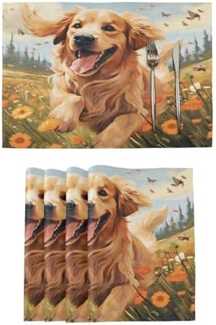 ALAZA Happy Golden Retriever in Flower Field 1 PC Placemats Rectangle Table Mat for Dining Table Restaurant Kitchen Home Decor, 12" x 18"