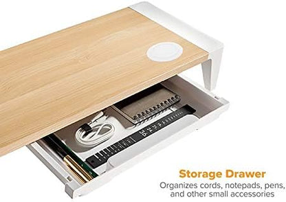 Bostitch Office Wooden Monitor Stand with Wireless Charging Pad, Drawer for Storage, Adjustable Height Riser Includes Removable Non-Skid Rubber Feet - Wood Grain and White (STND-2408WH)