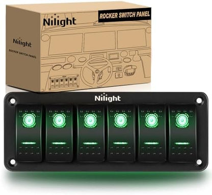 Nilight 6 Gang Rocker Switch Panel SPST On Off 5PIN Electrical Toggle Green