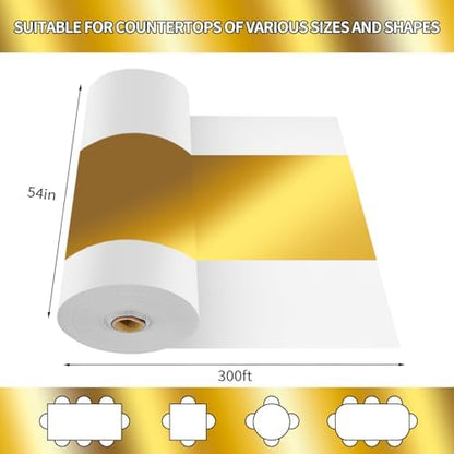 CXPSINC 54 Inch X 300 Feet Plastic Table Cover Roll Disposable Tablecloth with Slide Cutter for All Type/Shape Tables | Party, Banquet, Birthdays, Weddings(White & Glod, 300 Feet)