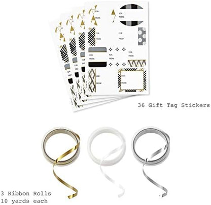 Hallmark Reversible Wrapping Paper Bundle with Ribbon & Gift Tag Stickers - Black, Gold Stripes, Plaid (3 Pack, 120 sq. ft. TTL, 30 Yds. Mini Ribbon, 36 Labels) for Graduations, Weddings, Christmas
