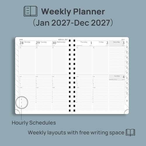POPRUN 2027 Planner Daily Weekly and Monthly Calendar with Hourly Schedule(Medium Size 8.5'' x 6.25'' Wire-Bound Hard Cover) - Agenda 2027 (Jan.2027-Dec.2027), Monthly Tabs - Midnight Green