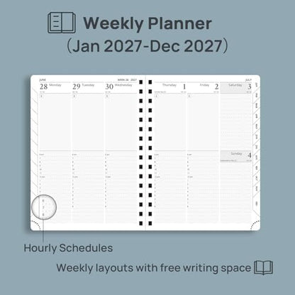 POPRUN 2027 Planner Daily Weekly and Monthly Calendar with Hourly Schedule(Medium Size 8.5'' x 6.25'' Wire-Bound Hard Cover) - Agenda 2027 (Jan.2027-Dec.2027), Monthly Tabs - Midnight Green