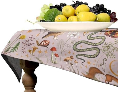Rustic Forest Tablecloth, Pink Woodland Wild Animal Hare Squirrel Owl Snail Flowers Mushroom Table Cloth for Home Kitchen Dining Outdoor Patio Wedding Decor 60x120in