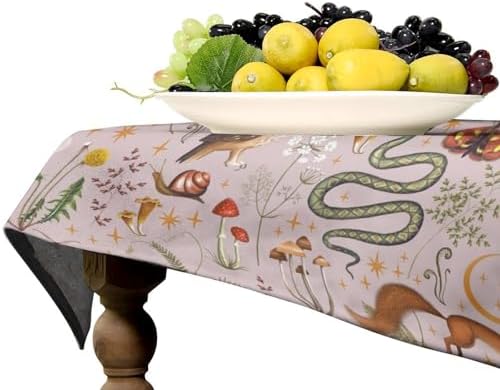 Rustic Forest Tablecloth, Pink Woodland Wild Animal Hare Squirrel Owl Snail Flowers Mushroom Table Cloth for Home Kitchen Dining Outdoor Patio Wedding Decor 55x55in