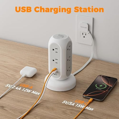 TESSAN Tower Power Strip Flat Plug with 1050J Surge Protection, 5 Ft, Grey