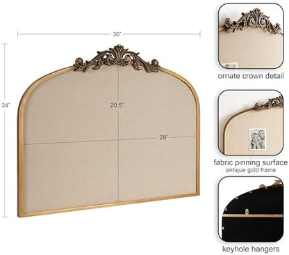 Kate and Laurel Arendahl Wide Decorative Arch Pinboard; 30 x 24; Gold; Framed Arched Ornate Vintage Cork Board for Use as Motivational Vision Board or Wall Organizer
