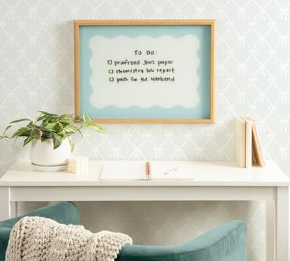 Kate and Laurel Framed Glass Dry Erase Art Parisien Blue Wavy Border Whiteboard for Wall by The Creative Bunch Studio, 18 x 24, Blake Natural Frame, Modern Contemporary, Dry Erase Art for Wall Decor