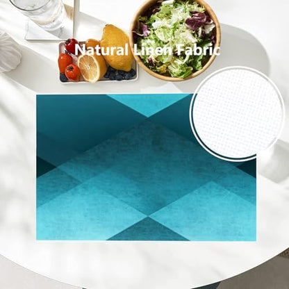 Batmerry Teal Modern Geometric Placemats, Vintage Washable Linen Table Mats for Kitchen Table Double Insulation Decor Dining Set Indoor Outdoor 12X18 in Set of 6