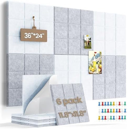 Large Felt Board Tiles for Wall with 30 Push Pins, 11.8"x11.8" Pack of 6 Pin Board Notice Boards for Home Office Kitchen, Bulletin Board Wall Tiles for Photos Memos (Grey+White, 6 Pack)
