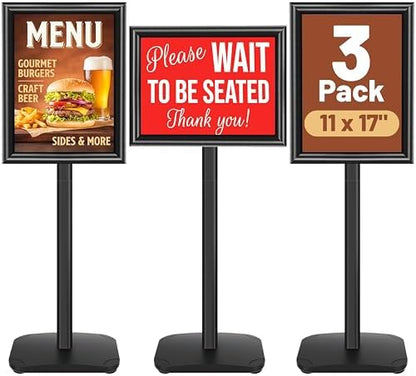3-Pack Heavy Duty Pedestal Sign Holder Stand 11x17 Inch, Adjustable Floor Standing Sign Holder with Weighted Base, Vertical & Horizontal Menus Signage Stands for Outdoor Advertising, Posters, Black