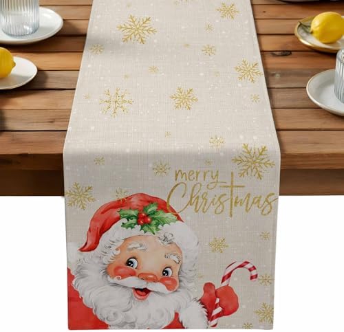 Merry Christmas Table Runner Dresser Scarf 13 x 108 Inch Red Santa Claus Leaf Winter Snowflake Linen Table Runners Non-Slip Heat Resistant Kitchen Dining Table Decor for Home Holidays Indoor Outdoor