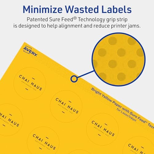 Avery Printable Round Labels, Sure Feed Technology, 1-1/2" Diameter, Bright Yellow Labels, Print-to-The-Edge, Laser/Inkjet Printable, 400 Total, Great for Stickers and Candles