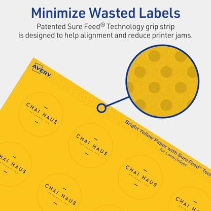 Avery Printable Round Labels, Sure Feed Technology, 1-1/2" Diameter, Bright Yellow Labels, Print-to-The-Edge, Laser/Inkjet Printable, 200 Total, Great for Stickers and Candles