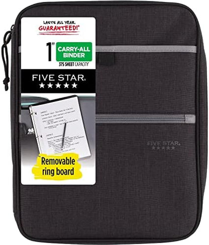 Five Star Zipper Binder, 1 Inch 3-Ring Binder with Round Rings, Carry-All with Pockets and 4-Tab Dividers, 375 Sheet Capacity, Black/Gray (29092IT8)