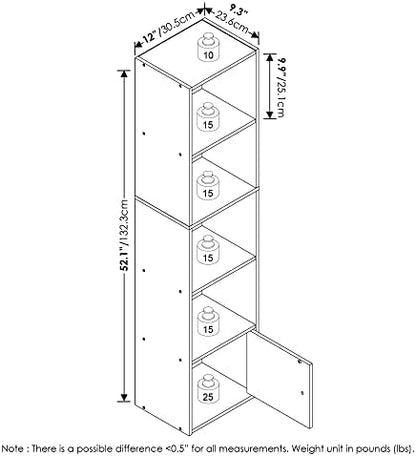 Furinno LUDER Book Shelf, 5-Tier Modern Bookshelf, Bookcase with 1 Door Storage Cabinet, 9.3 x 12 x 52, for Organization and Storage, for Living Room, Bedroom, Home Office, White