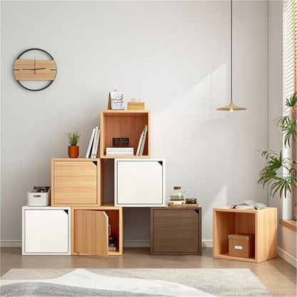 Timber Vertical or Horizontal Organizing Shelf with 1 Cabinet Closed Back Modular Cube Storage Unit, Book Storage Bookshelf Glass Small Bookcase, Square Grid Cabinet White with Shelves No Door