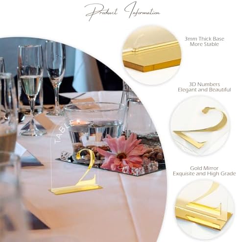 Clear Arch Wedding Table Numbers 1-20, Gold Numbers and Stands