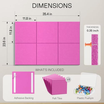 MaxGear Felt Bulletin Board 36" x 24", Rose Pink Felt Wall Tiles Push Pins
