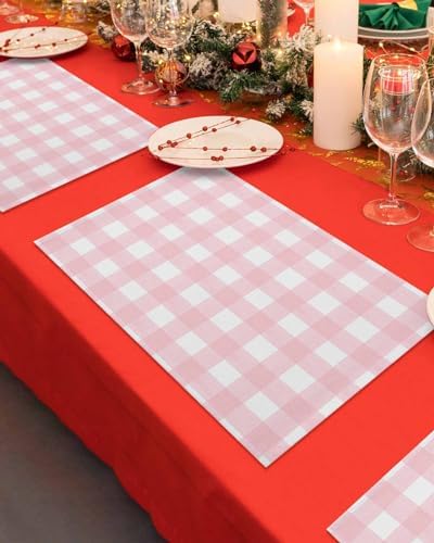 Christmas Placemats Set of 4, Rustic Pink White Buffalo Check Plaid Pattern Heat Resistant Washable Table Place Mats Farmhouse Cotton Table Linens Party Holiday Decor For Kitchen Dining Outdoor Indoor