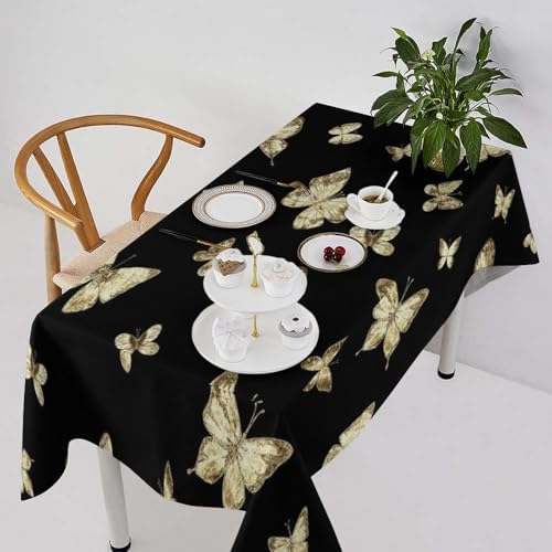Golden Butterfly Tablecloth, Vintage Luxury Yellow Golden Butterflies Print Table Cloth for Kitchen Dining Coffee Table Outdoor Party Decor 60x120in