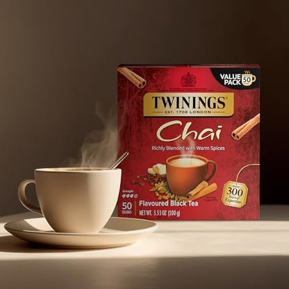 Twinings Chai Black Tea Individually Wrapped Bags, 50 Count (Pack of 6), Sweet, Savoury Spices, Caffeinated, Enjoy Hot or Iced, 300 Teabags