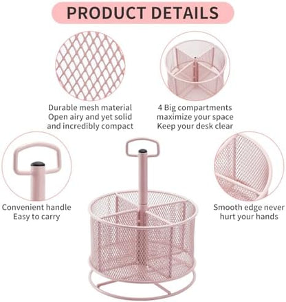 Marbrasse Mesh Desk Organizer, 360-Degree Rotating Multi-Functional Pen Holder, 4 Compartments Desktop Stationary Organizer, Home Office Art Supply Storage Box Caddy (Pink)