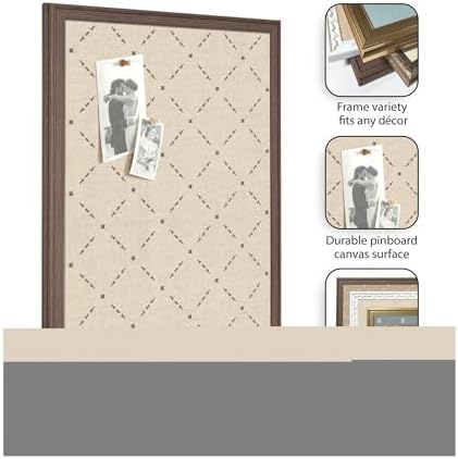 Kate and Laurel Framed Fabric Pinboard 38 x 26, Green Lattice Pattern Printed Linen Classic Bulletin Board for Use as a Vision Board or Wall Organization, Florence Medium Brown Frame